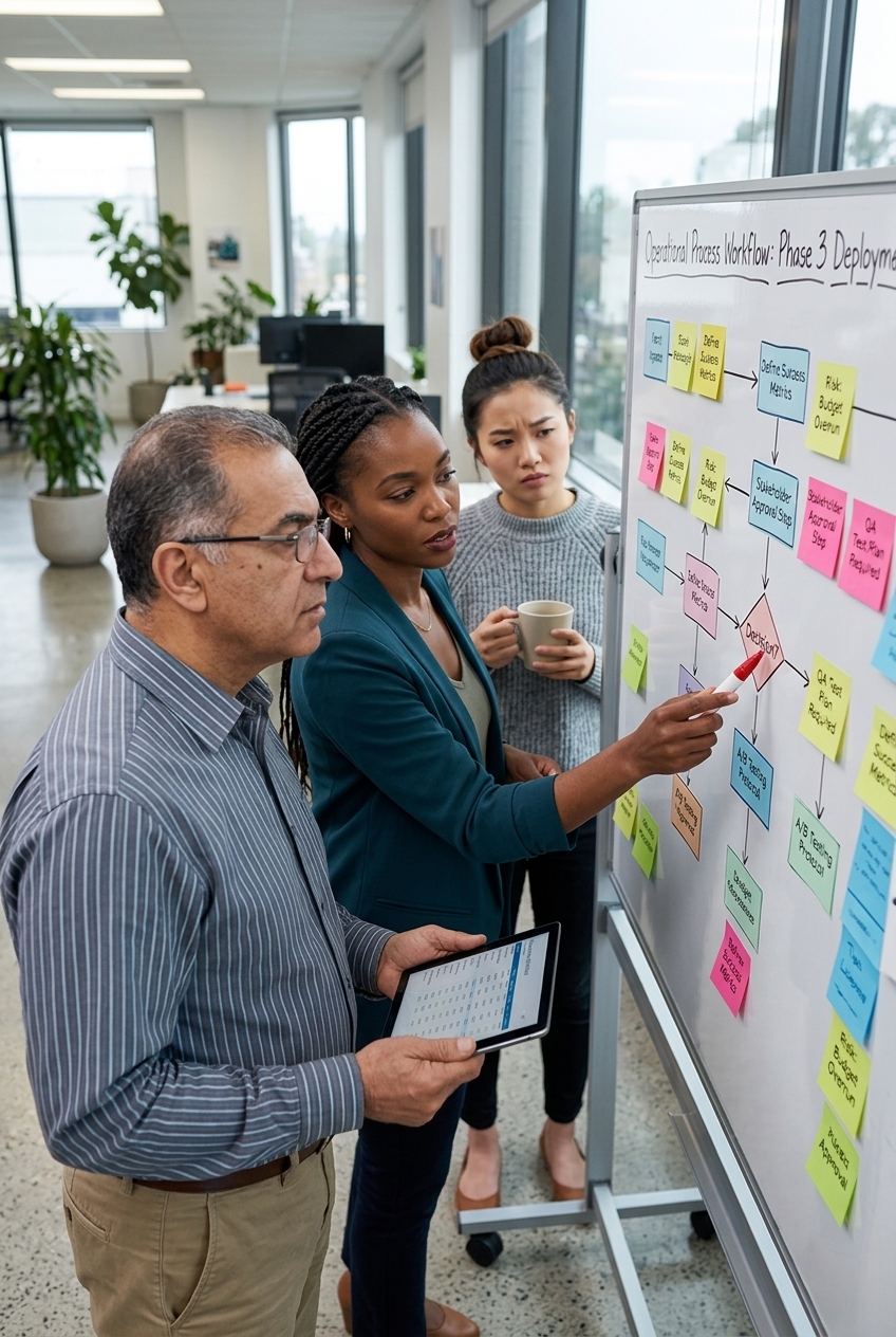 Team collaborating at a whiteboard with sticky notes